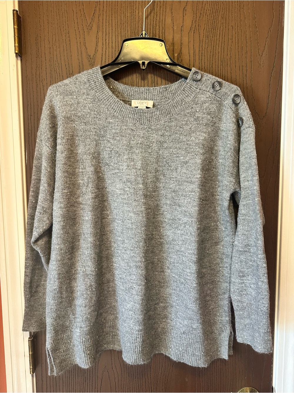 LOFT Gray Crewneck Sweater with Shoulder Buttons